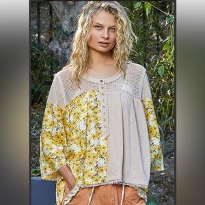 3595 Size Medium 24” POL relaxed fit floral crochet patch top NEW With Tags.